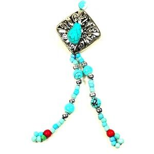 womens Silver Tone Faux Turquoise Beaded Dangle Brooch Pin Southwestern Boho